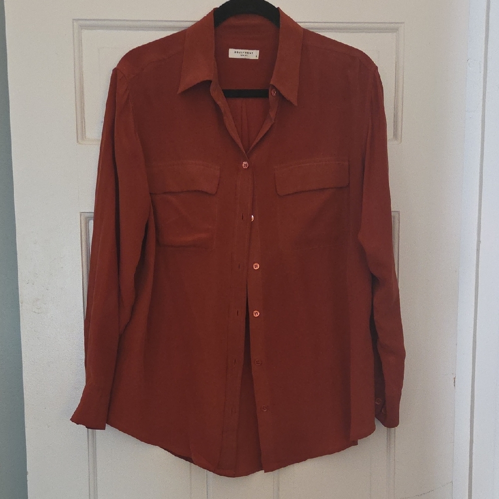 Women's Rust Deep Orange Long-Sleeve Button-Down 100% Silk Shirt